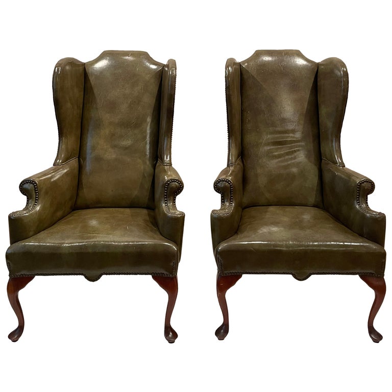 19th Century Pair of Walnut Wing Armchairs in Olive Green Leather For
