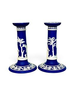 Ein Paar blaue Jasperware-Kerzenleuchter von Wedgwood aus dem 19. Jahrhundert