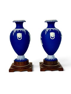 19th Century Pair of Wedgwood Blue Jasperware Vases on Walnut Pedestals