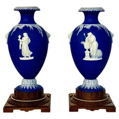 19th Century Pair of Wedgwood Blue Jasperware Vases on Walnut Pedestals