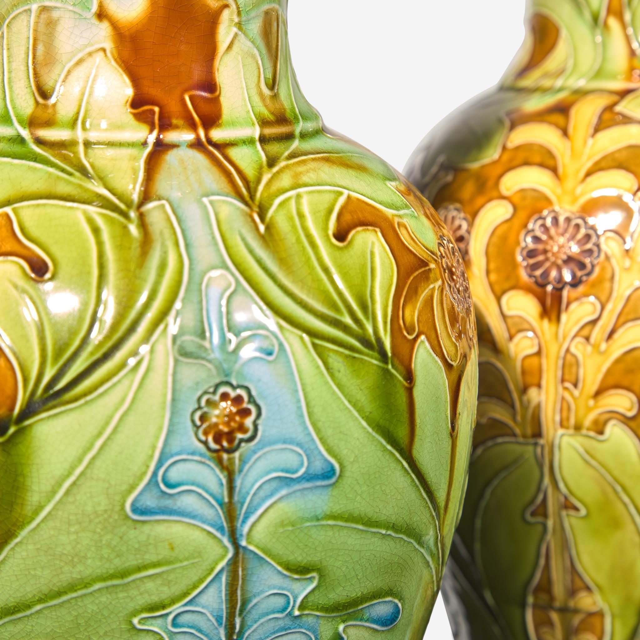 Art Nouveau 19th Century PAIR of WEDGWOOD decorated Majolica Vases designed by Harry Barnard For Sale
