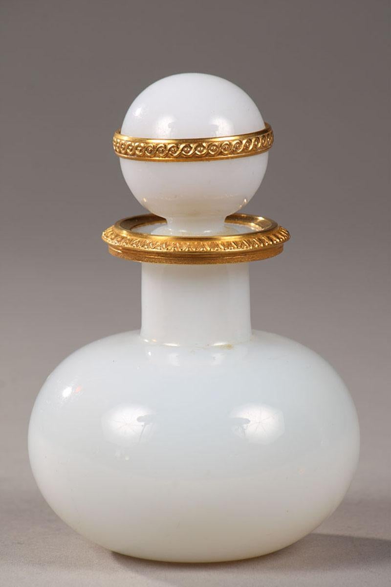 Gilt 19th Century Pair of White Opaline Perfume Bottles For Sale