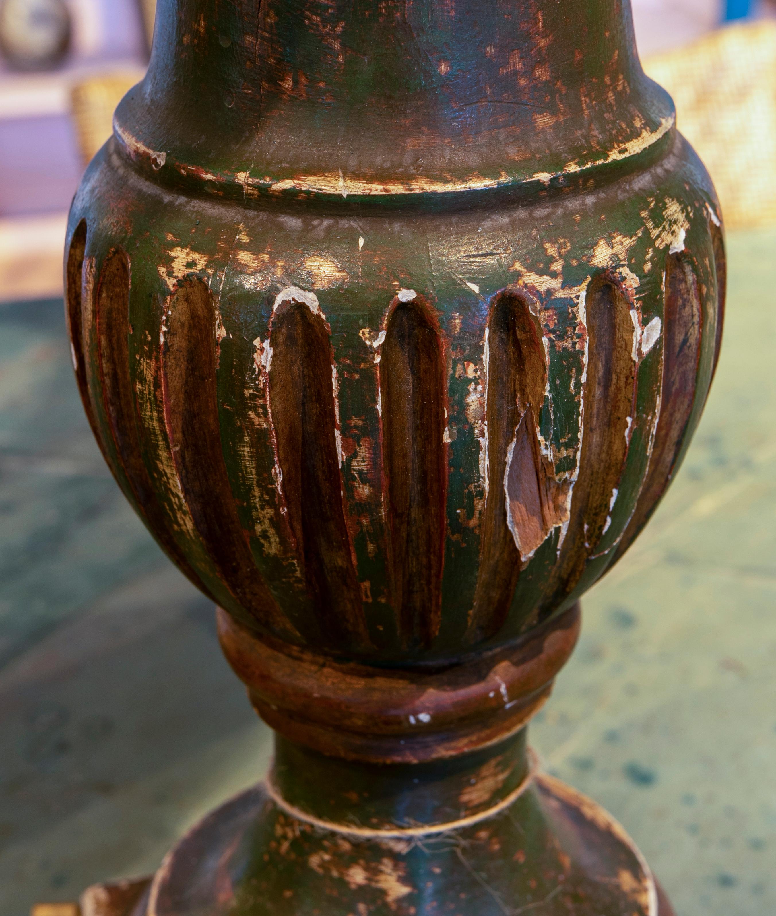 20th Century 19th Century, Pair of Wooden Baluster Lamps Polychromed in Green For Sale