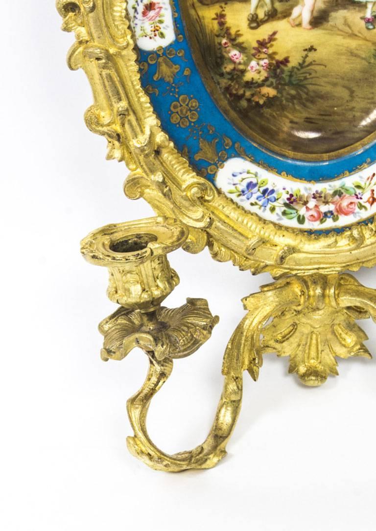 19th Century Pair of Ormolu and Sevres Porcelain Two Branch Wall Lights Sconces 10