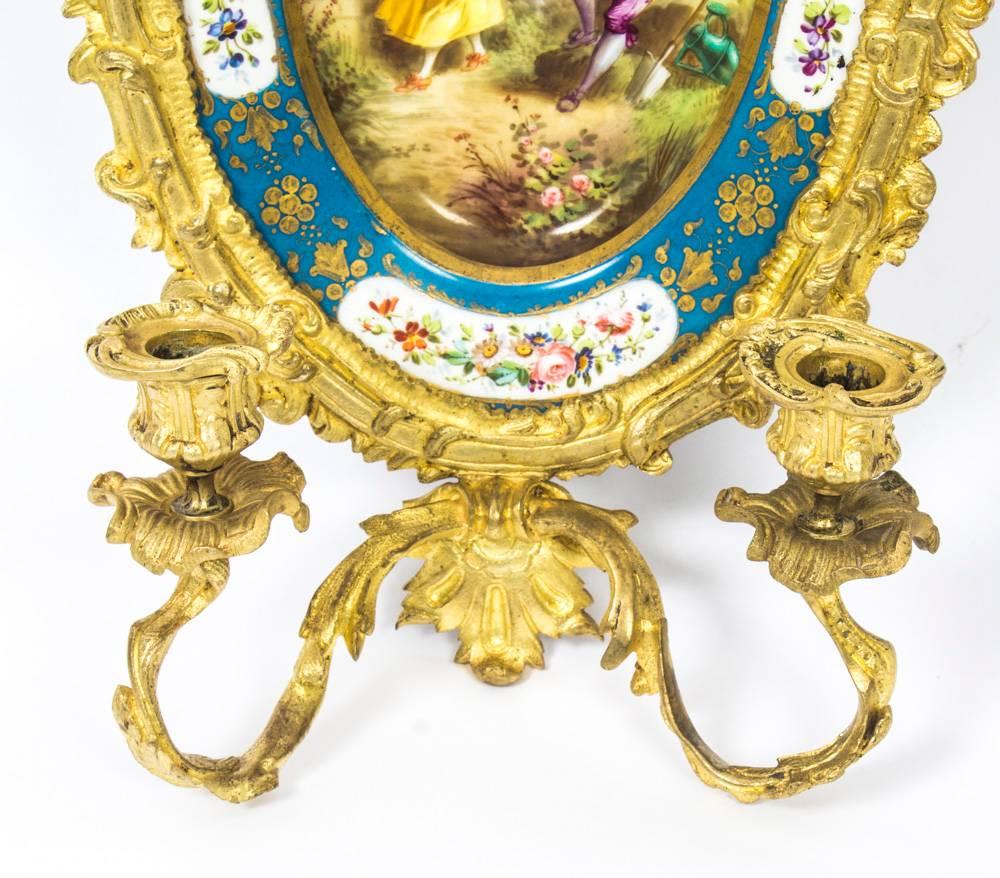 Late 19th Century 19th Century Pair of Ormolu and Sevres Porcelain Two Branch Wall Lights Sconces