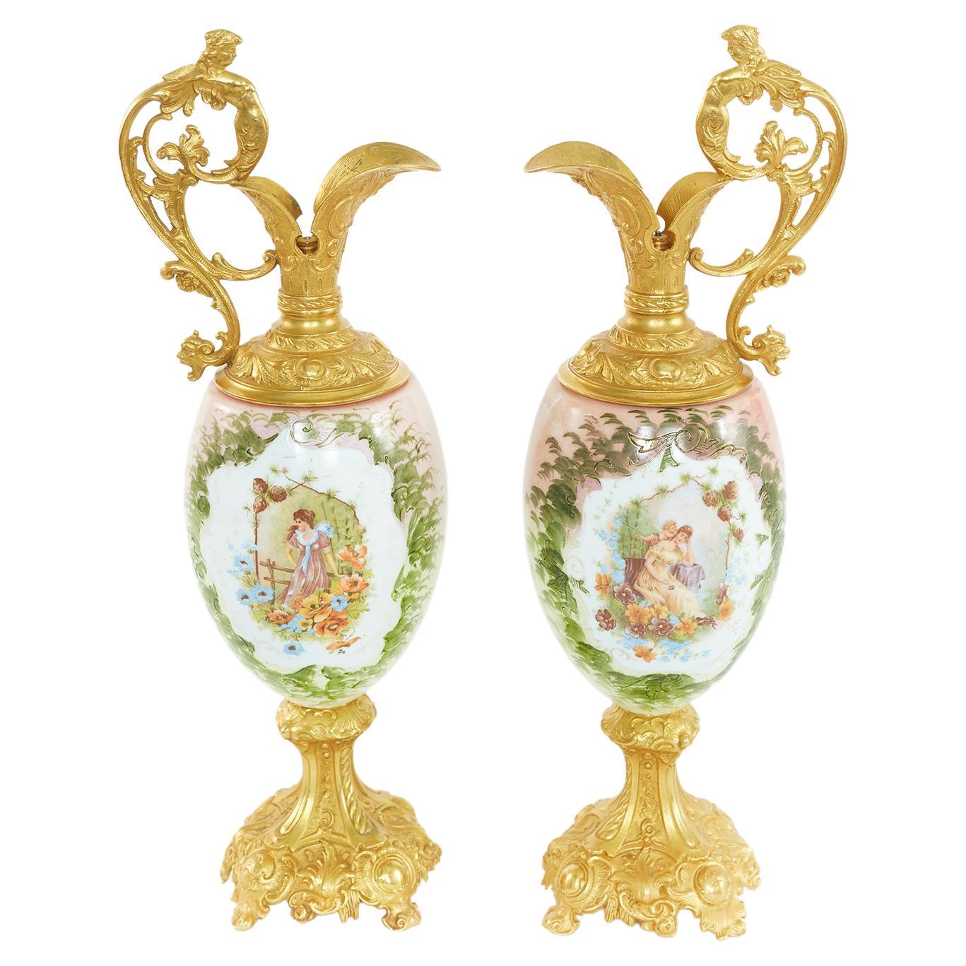 19th Century Pair Ormolu Mounted Two Handled Vase For Sale