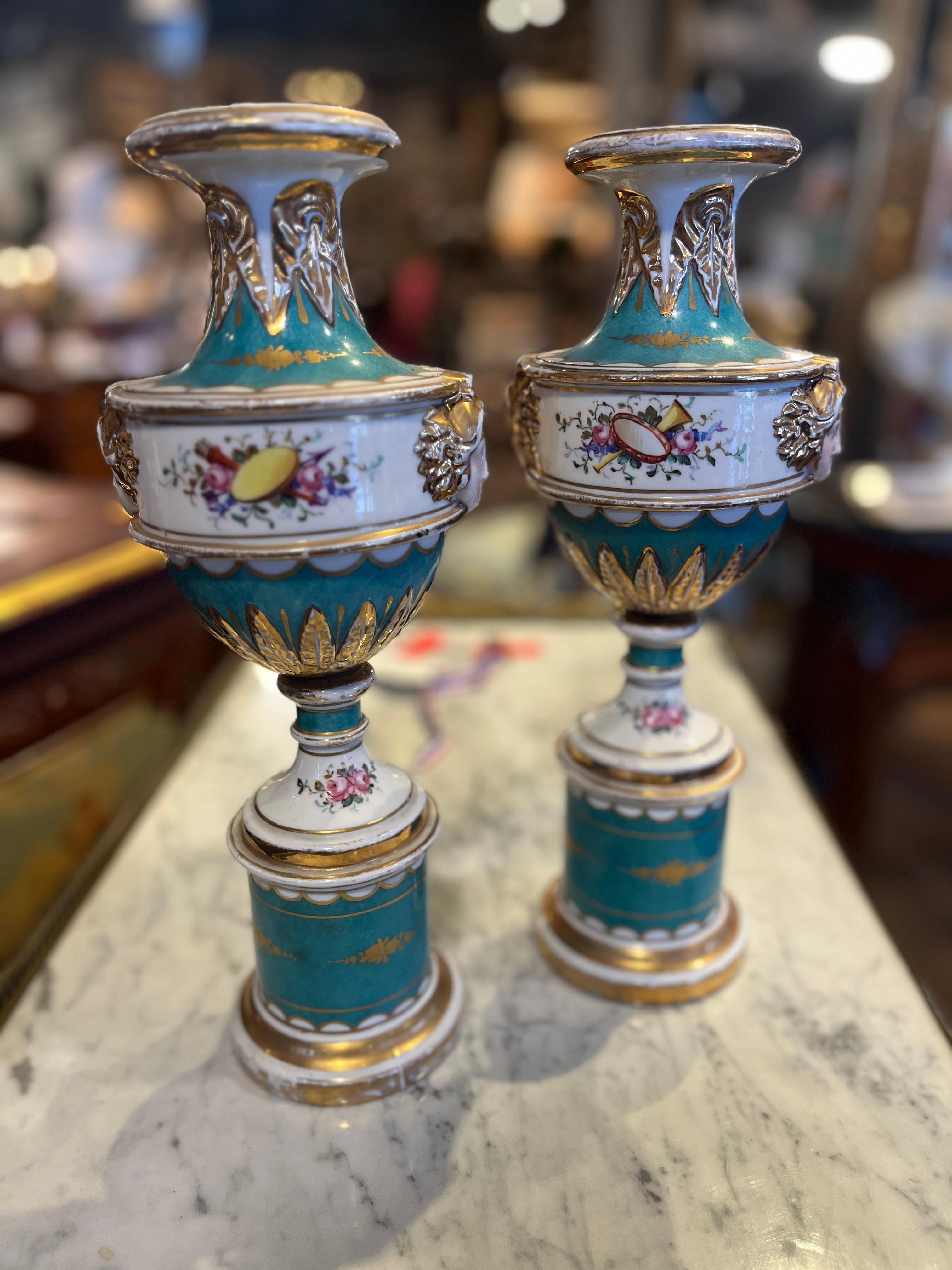 19th Century Pair Paris Porcelain Pedestal Vases. Beautiful pair purchased in France. Age appropriate wear, see detailed photos or message us with questions. 