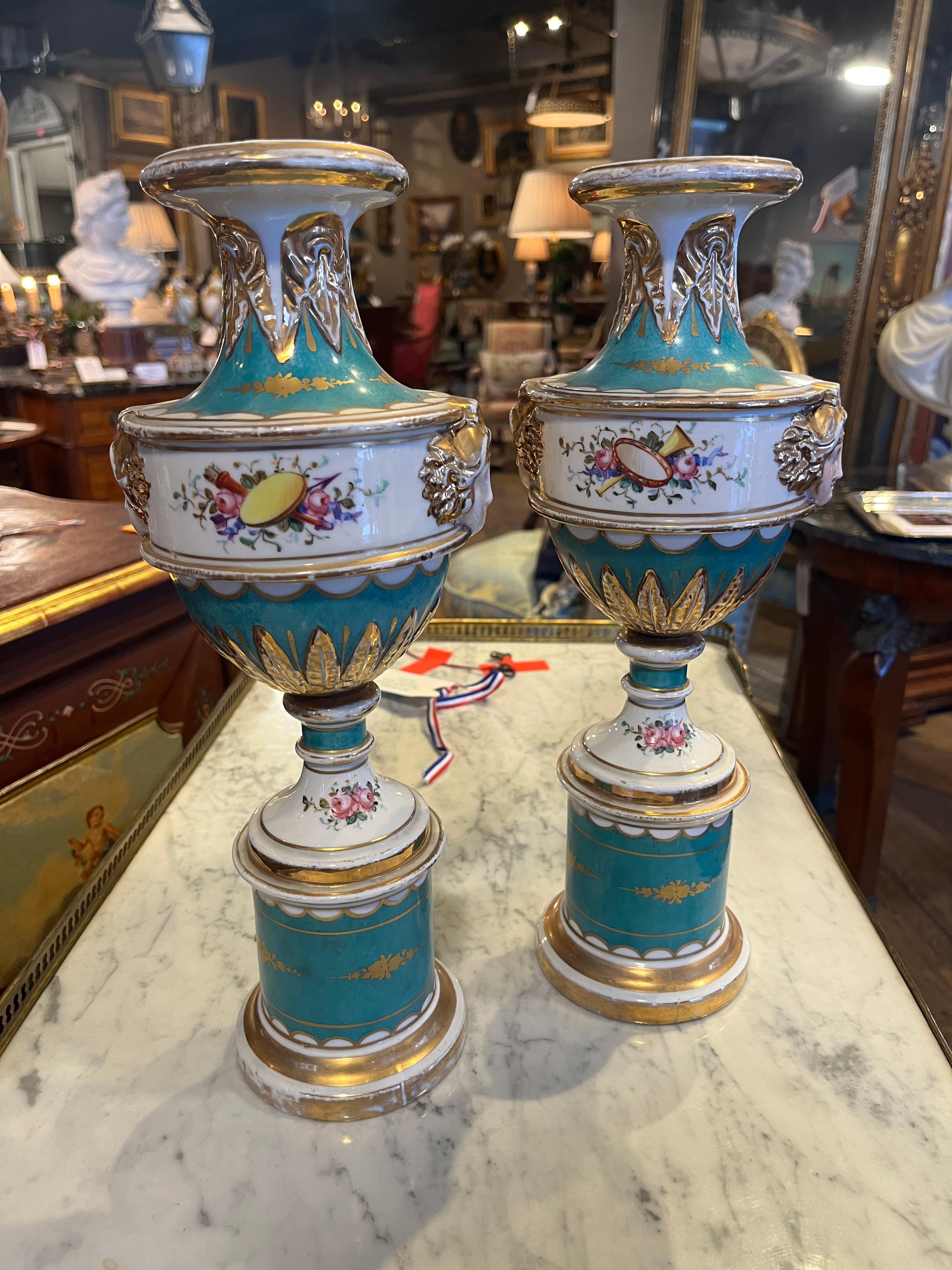 Napoleon III 19th Century Pair Paris Porcelain Pedestal Vases For Sale