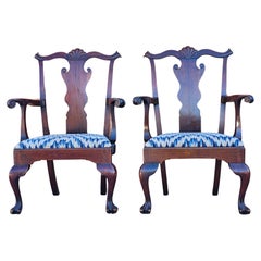 19th Century Pair Philadelphia Chippendale Mahogany Upholstered Seat Armchairs