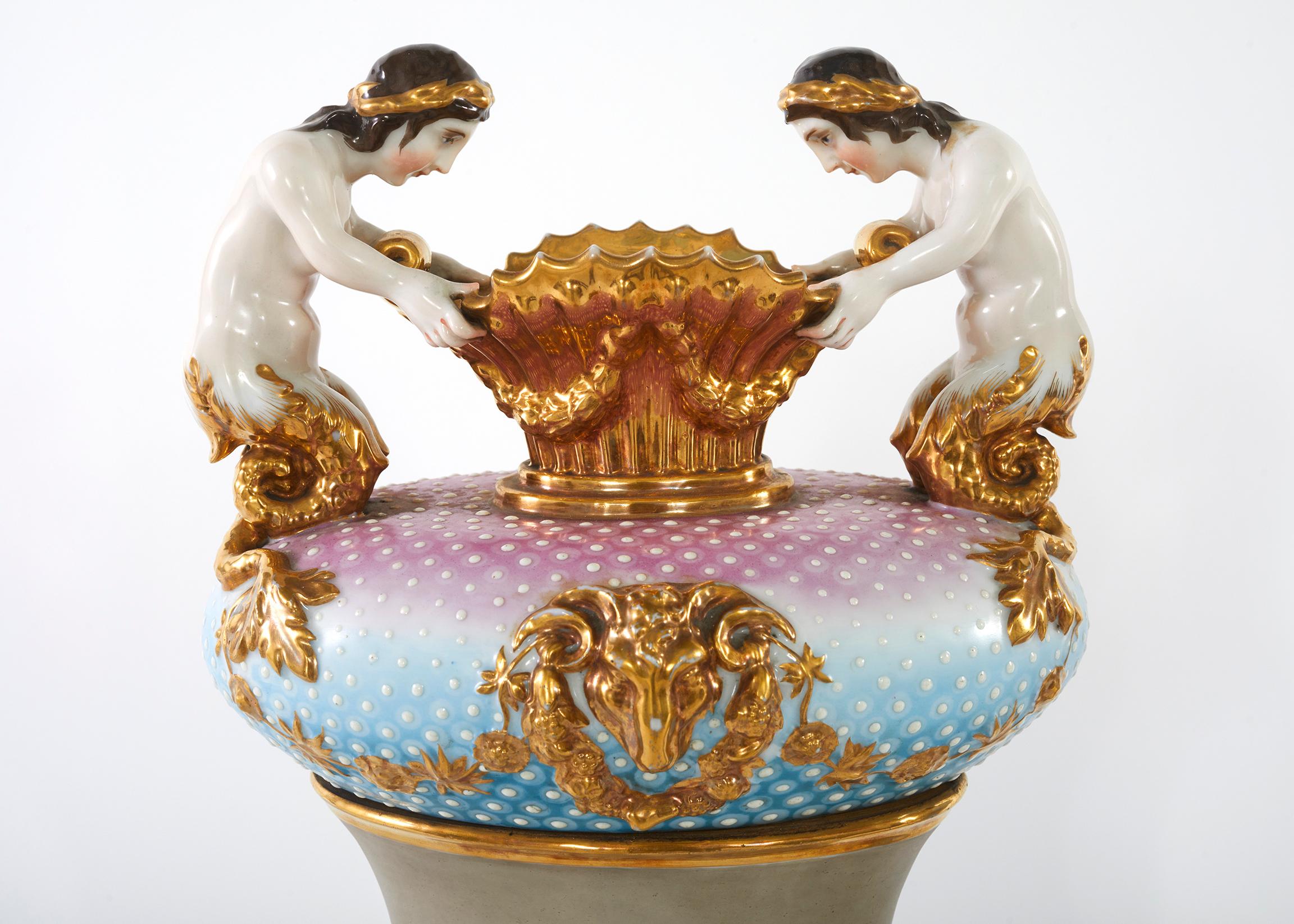 Gilt 19th Century Pair Porcelain Vases / Urns For Sale