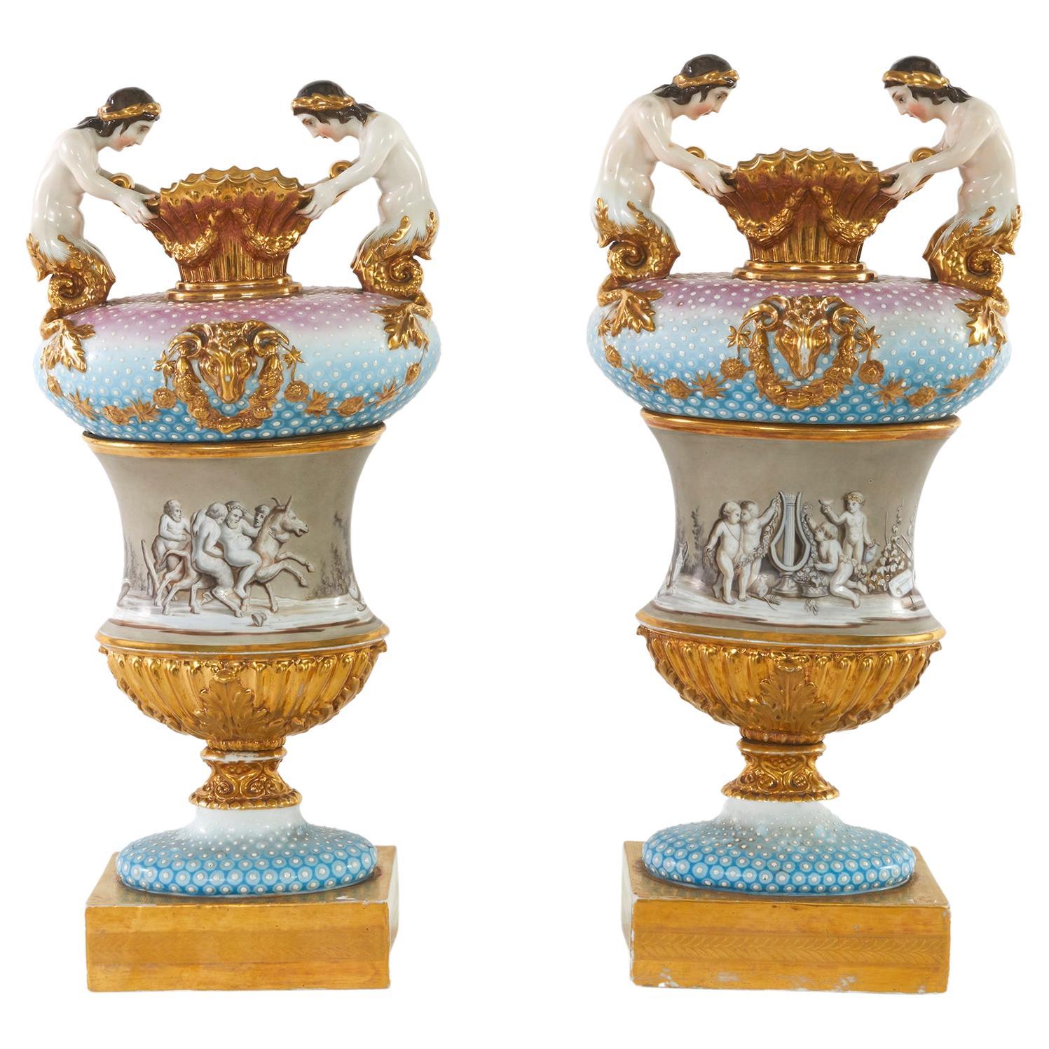 19th Century Pair Porcelain Vases / Urns