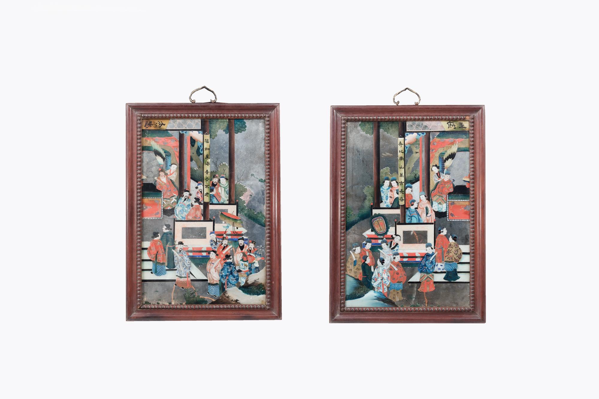 19th Century Pair Qing Dynasty Reverse Painted Mirrors depicting Court Scenes. Featuring Royal Figures and their servants and advisors. All wearing colourful traditional garments. A clean design rendered in vibrant shades and geometric shapes.

To