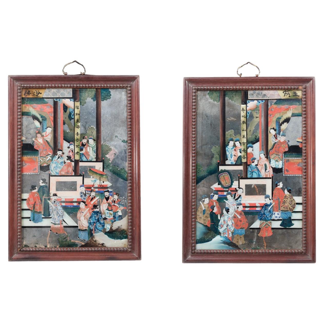 19th Century Pair Qing Dynasty Reverse Painted Mirrors For Sale