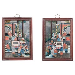 Paire de miroirs peints à l'envers de la dynastie Qing, 19e siècle