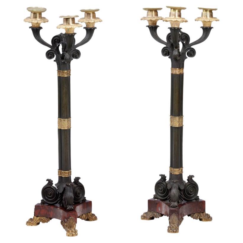 19th Century Pair Regency Bronze Three Light Candlesticks For Sale