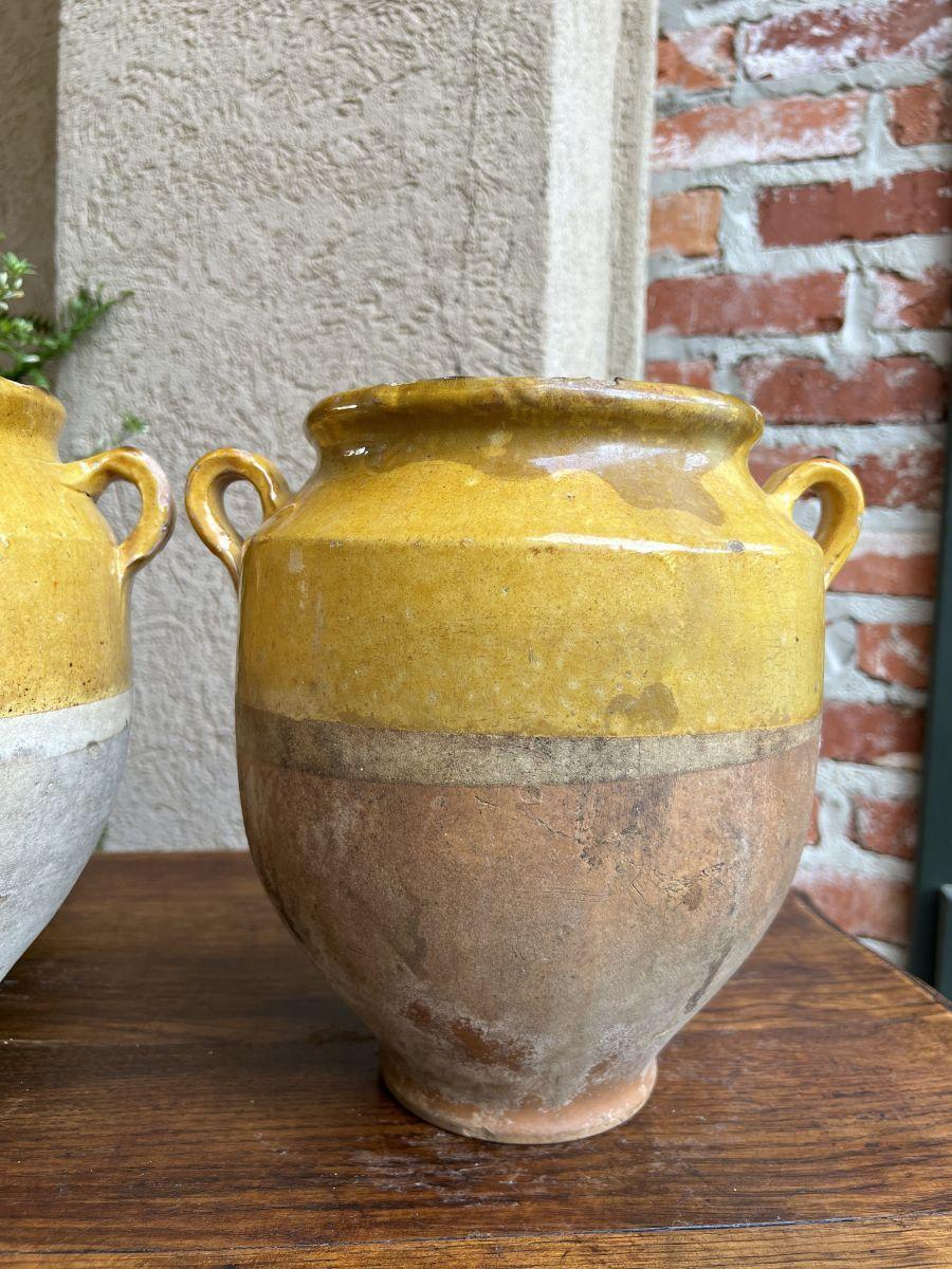 Antique Pair Set 2 French Confit Pot Yellow Glazed Pottery Provincial Farm Urn For Sale 5