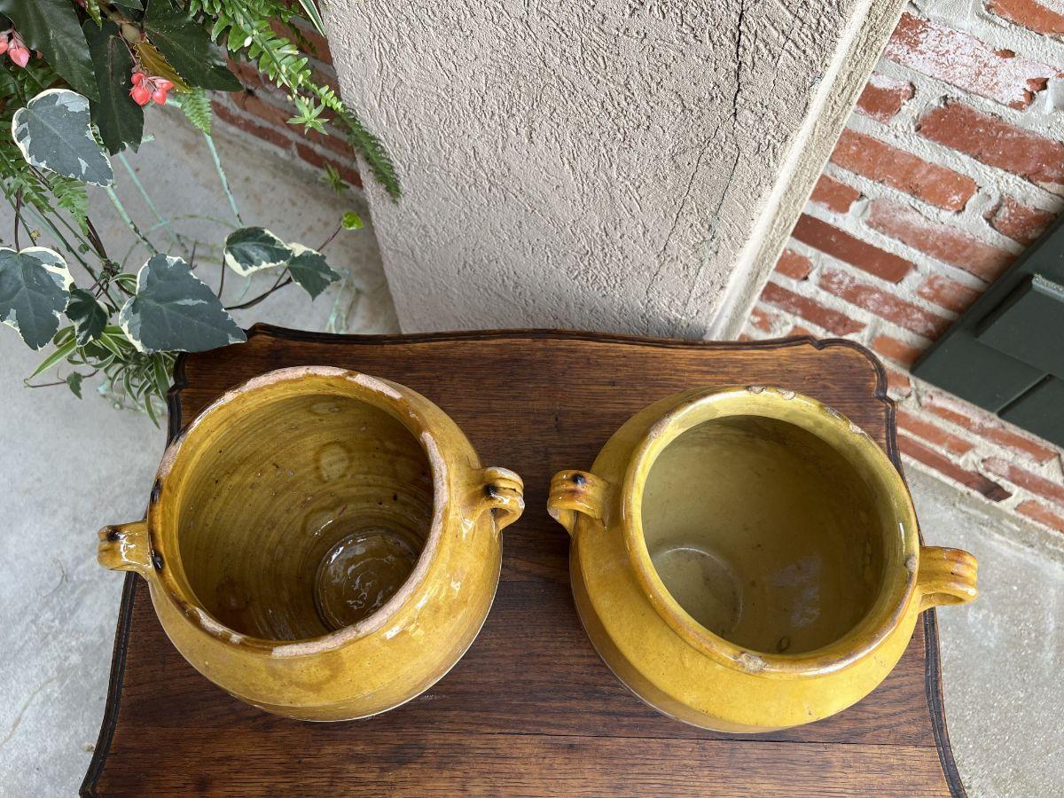 Antique Pair Set 2 French Confit Pot Yellow Glazed Pottery Provincial Farm Urn For Sale 6