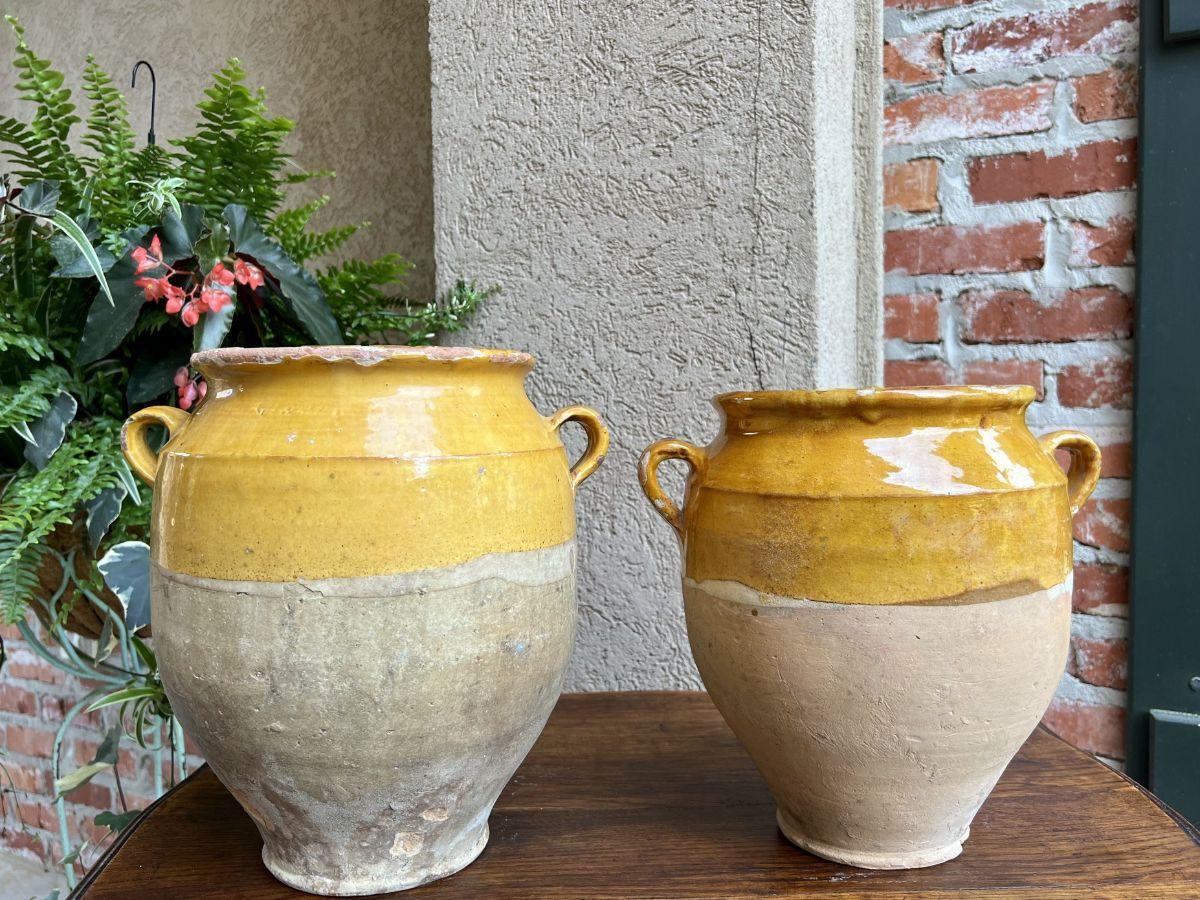 19th Century Pair Set 2 French Confit Pot Yellow Glazed Pottery Provincial For Sale 8