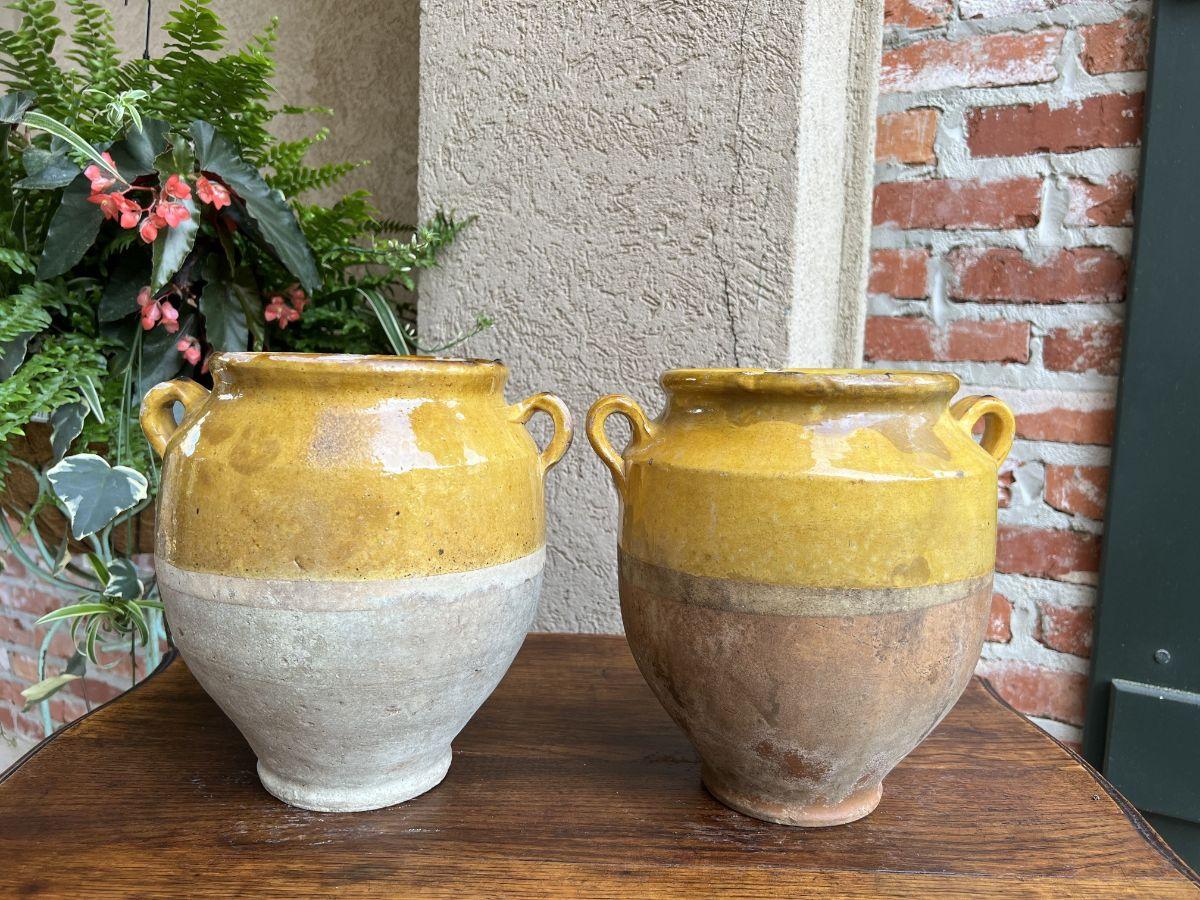 Antique Pair Set 2 French Confit Pot Yellow Glazed Pottery Provincial Farm Urn For Sale 8