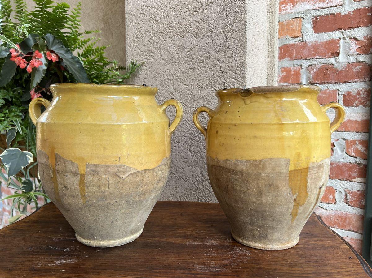 19th Century Pair Set 2 French Confit Pot Yellow Glazed Pottery Provincial 9