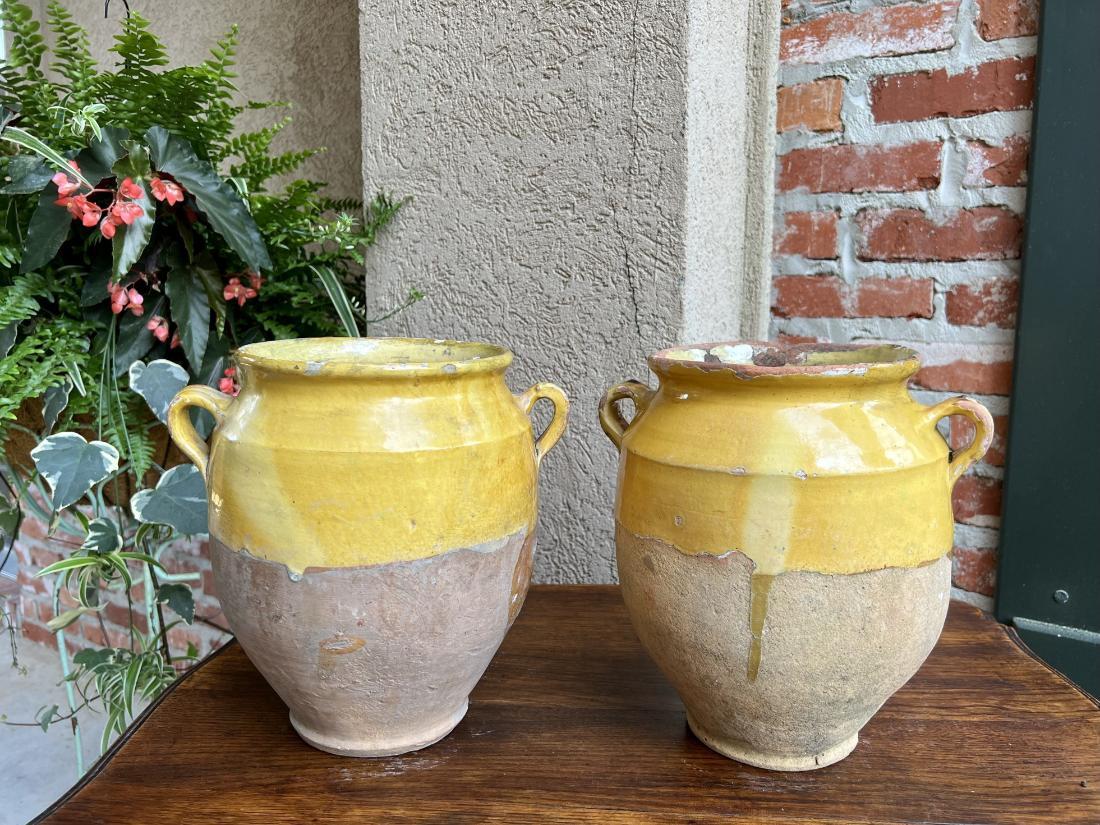 Ensemble ancien de 2 pots à confiture français en poterie émaillée jaune provinciale vers 1880 en vente 5