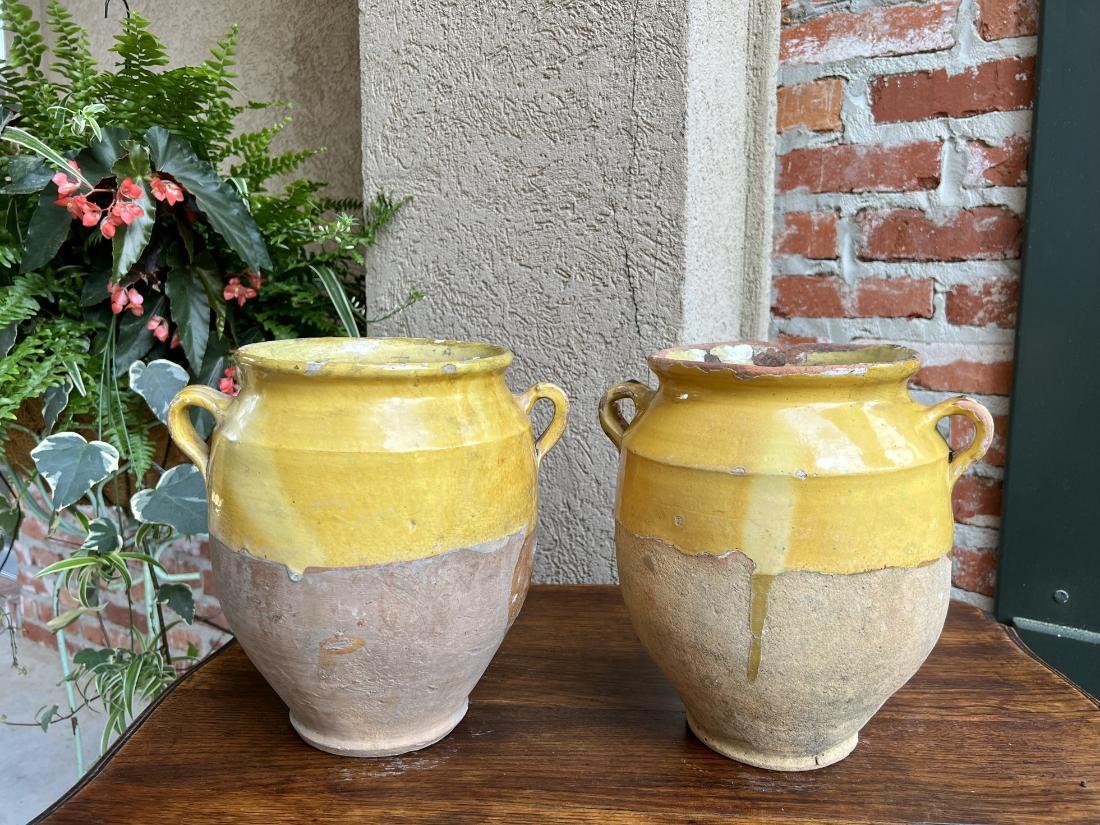 19th Century Pair Set 2 French Confit Pot Yellow Glazed Pottery Provincial For Sale 9