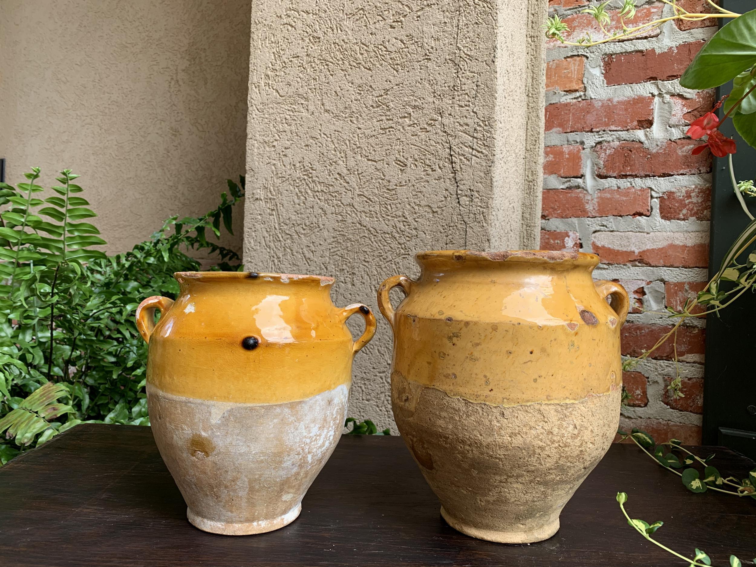 19th Century Pair Set 2 French Confit Pot Yellow Glazed Pottery Provincial 8