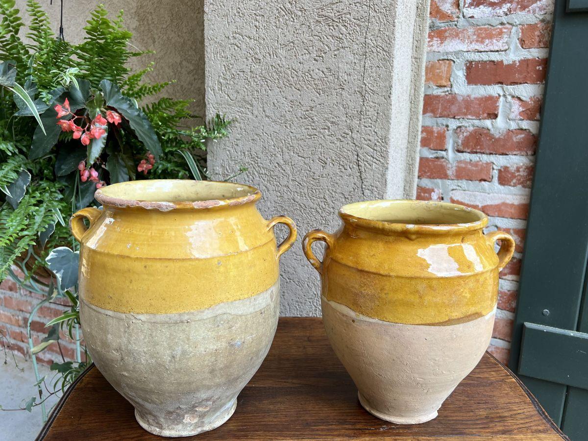 19th Century Pair Set 2 French Confit Pot Yellow Glazed Pottery Provincial For Sale 9