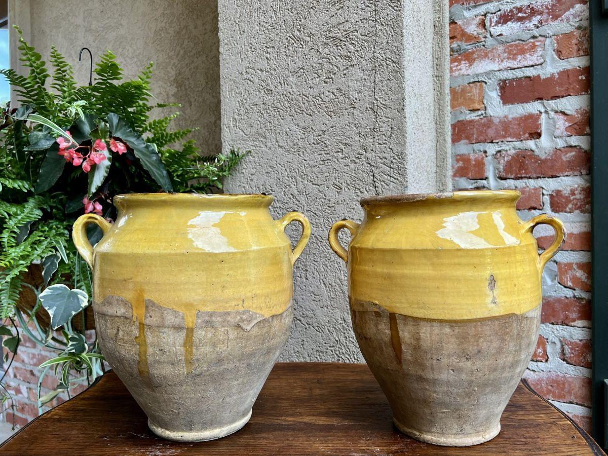 19th Century Pair Set 2 French Confit Pot Yellow Glazed Pottery Provincial 10