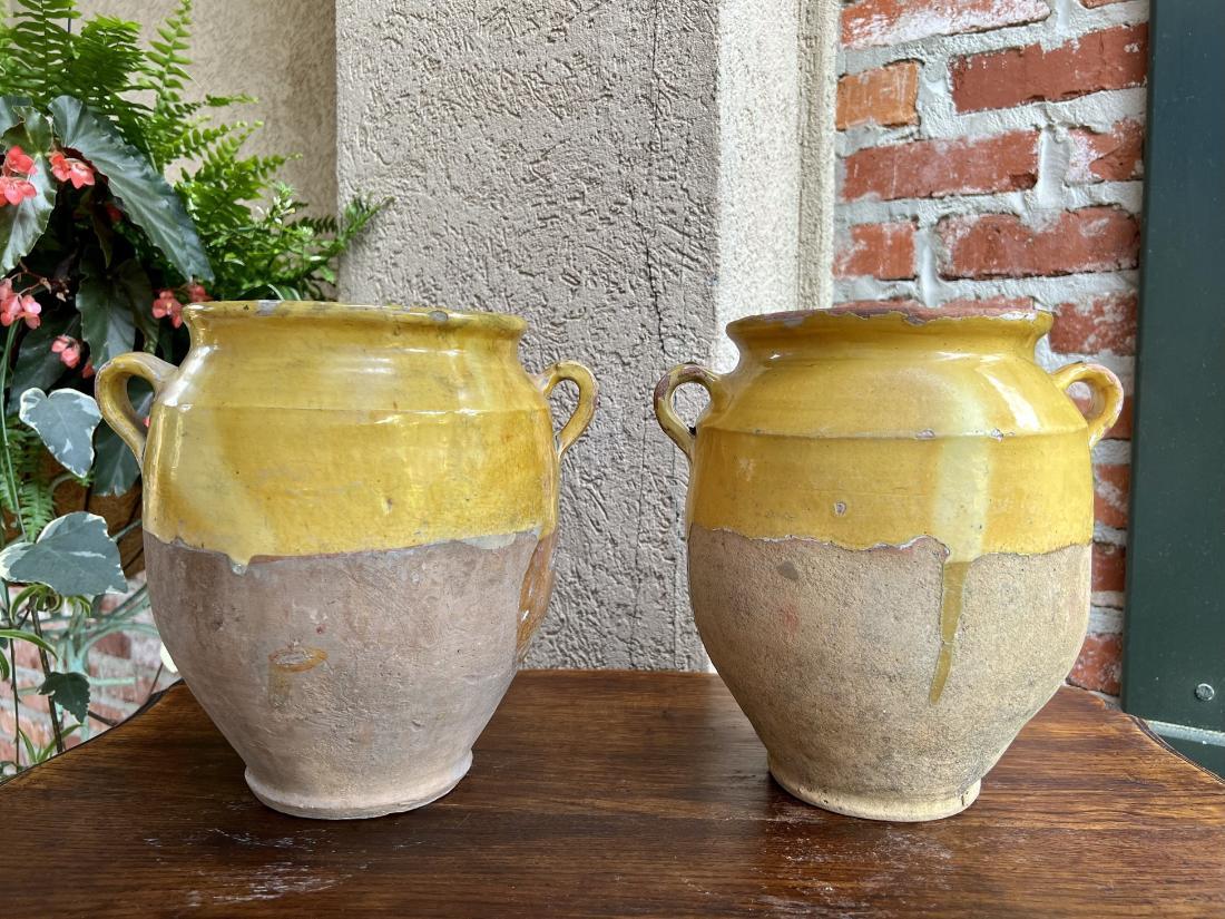19th Century Pair Set 2 French Confit Pot Yellow Glazed Pottery Provincial For Sale 10