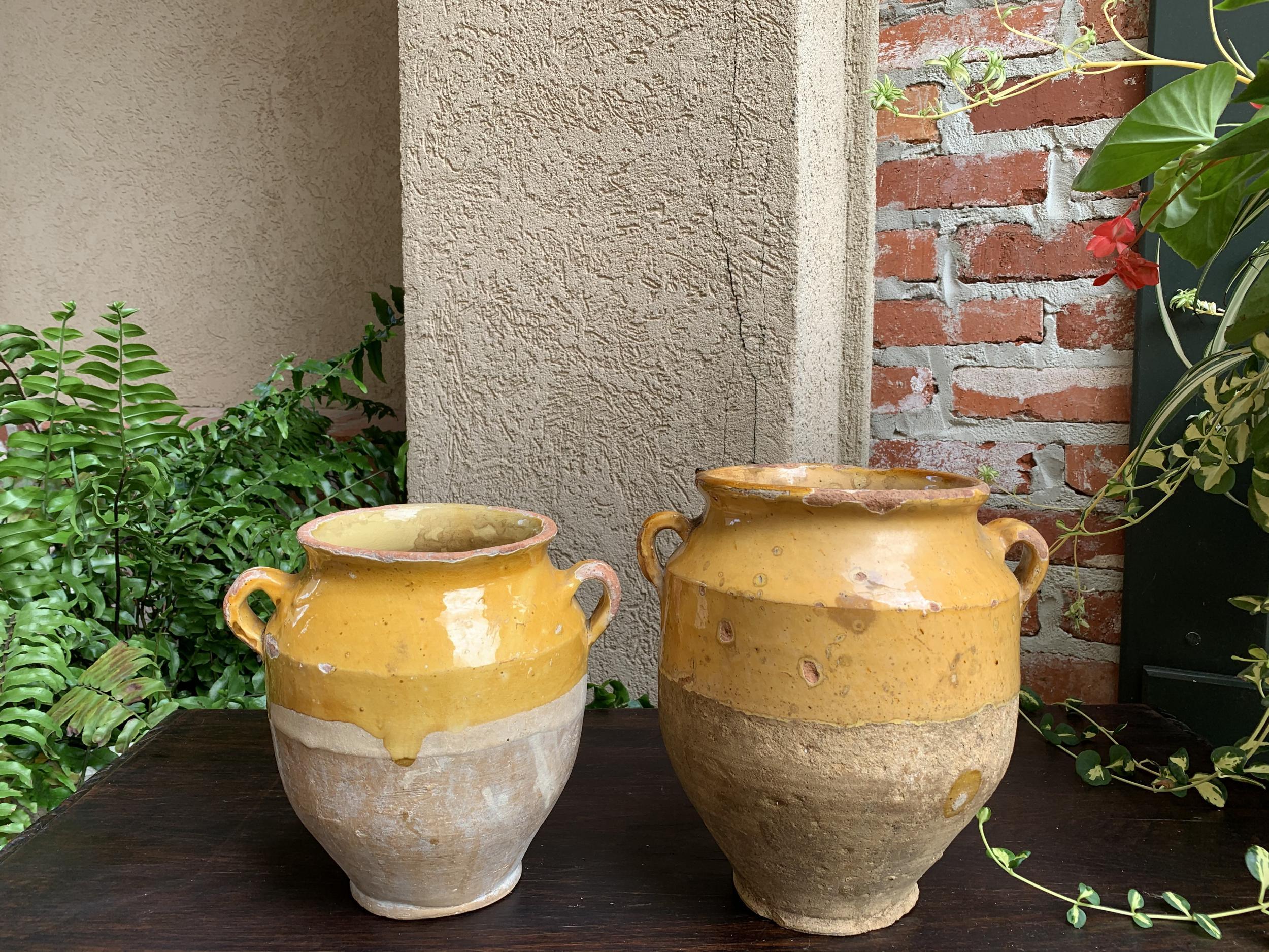 19th Century Pair Set 2 French Confit Pot Yellow Glazed Pottery Provincial 9