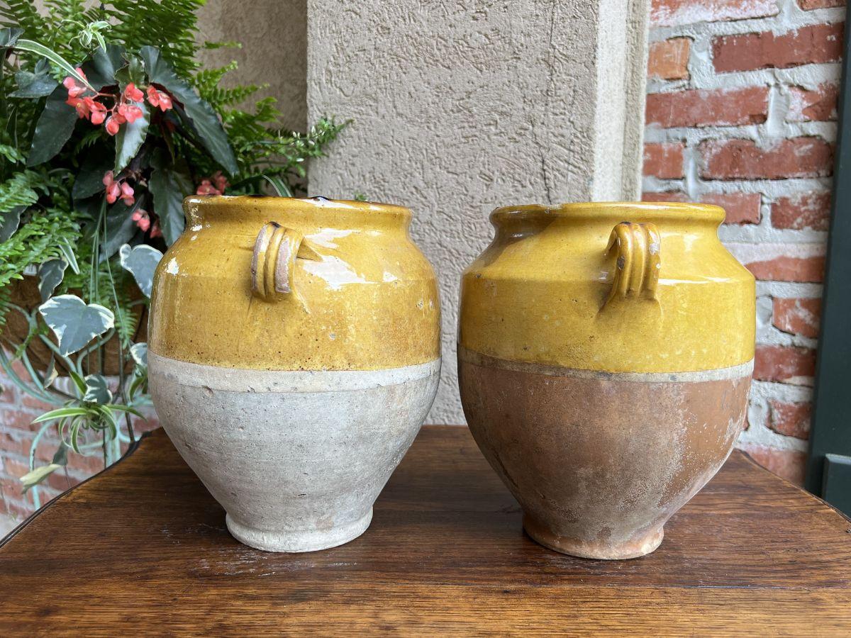 Antique Pair Set 2 French Confit Pot Yellow Glazed Pottery Provincial Farm Urn For Sale 10