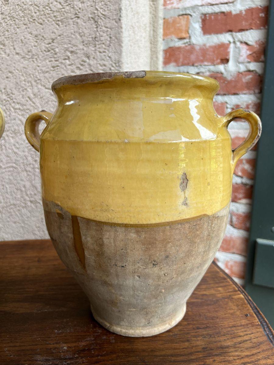 19th Century Pair Set 2 French Confit Pot Yellow Glazed Pottery Provincial 11