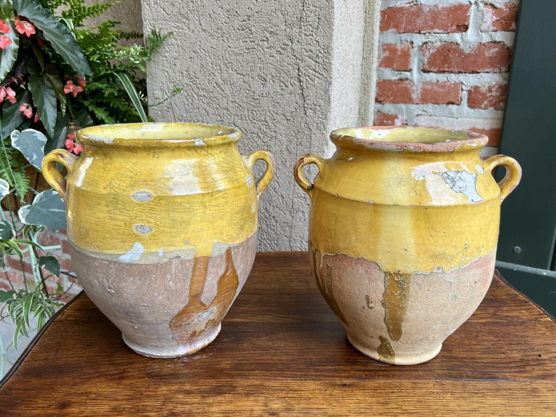 19th Century Pair Set 2 French Confit Pot Yellow Glazed Pottery Provincial For Sale 11