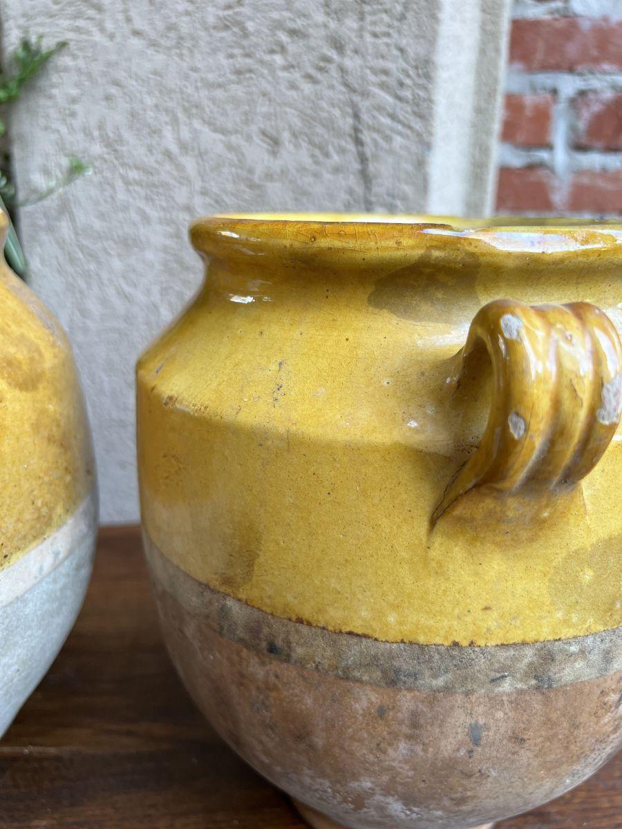 Antique Pair Set 2 French Confit Pot Yellow Glazed Pottery Provincial Farm Urn For Sale 11