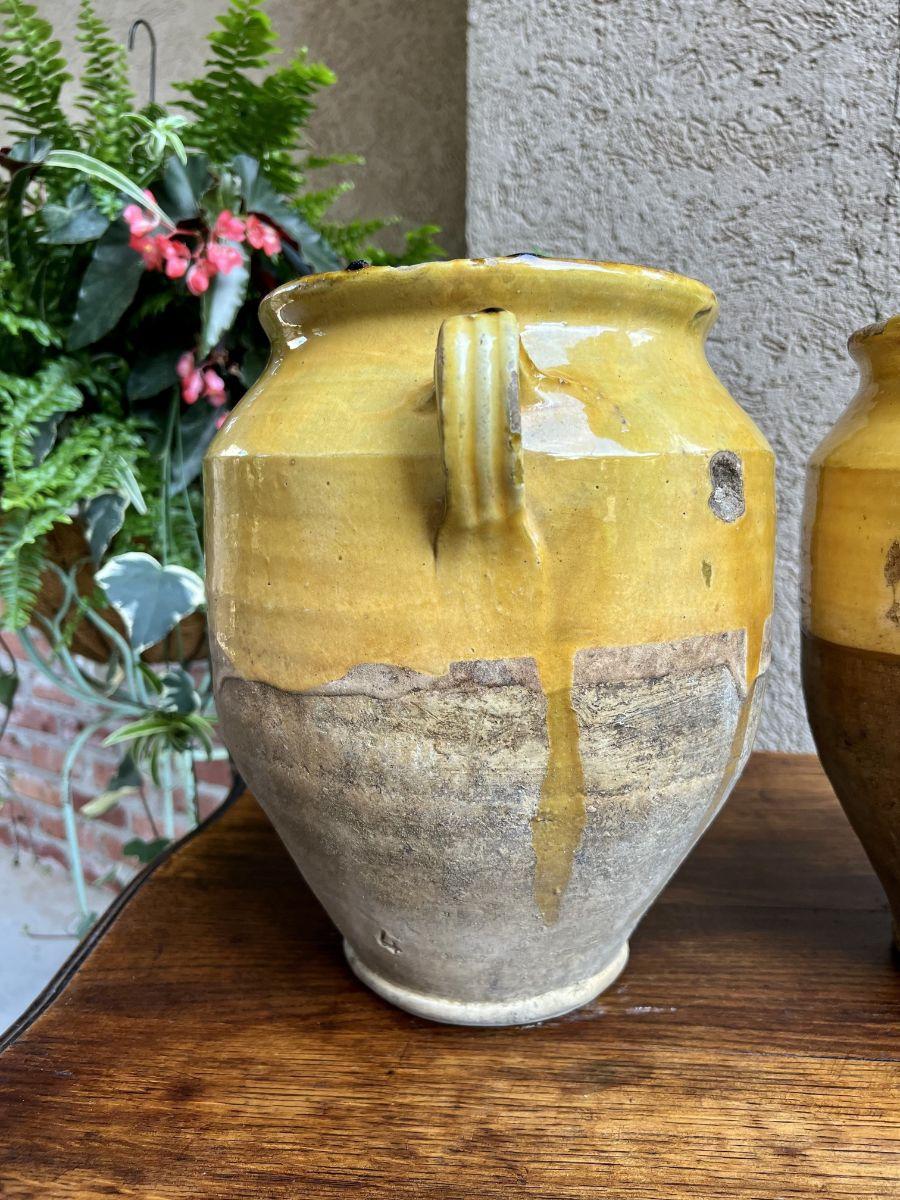 19th Century Pair Set 2 French Confit Pot Yellow Glazed Pottery Provincial 12