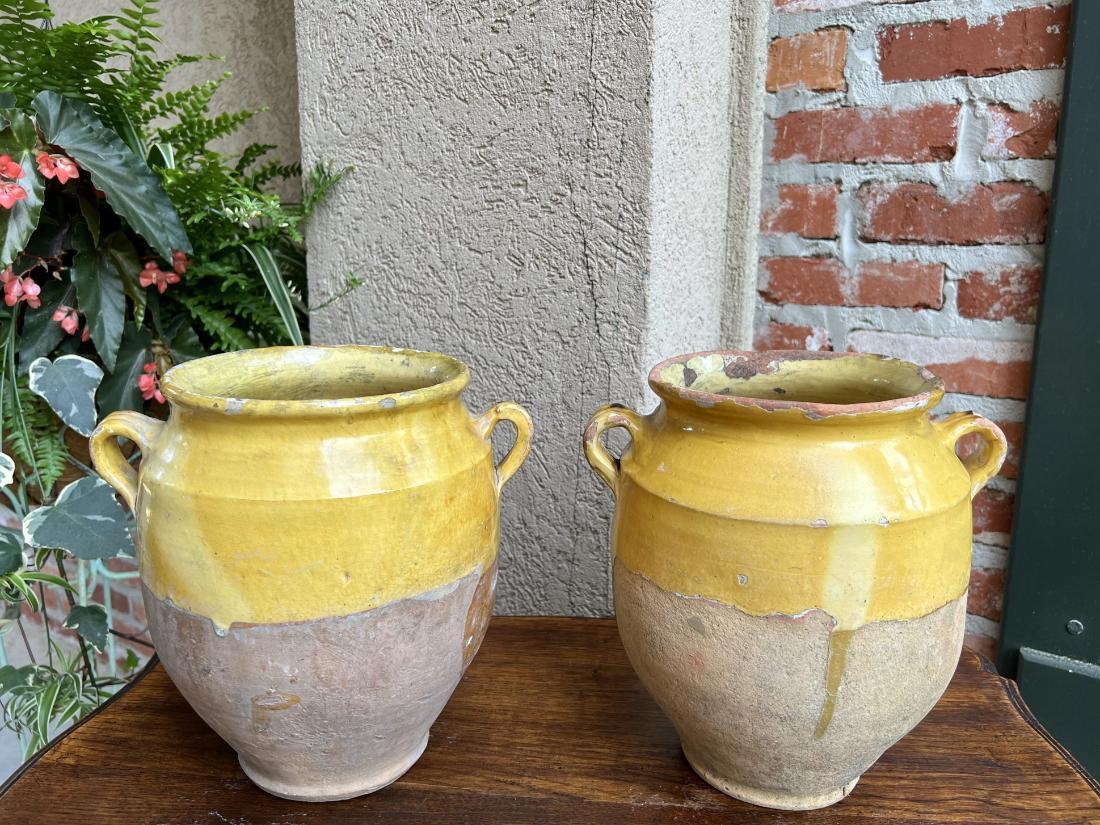 19th Century Pair Set 2 French Confit Pot Yellow Glazed Pottery Provincial For Sale 12