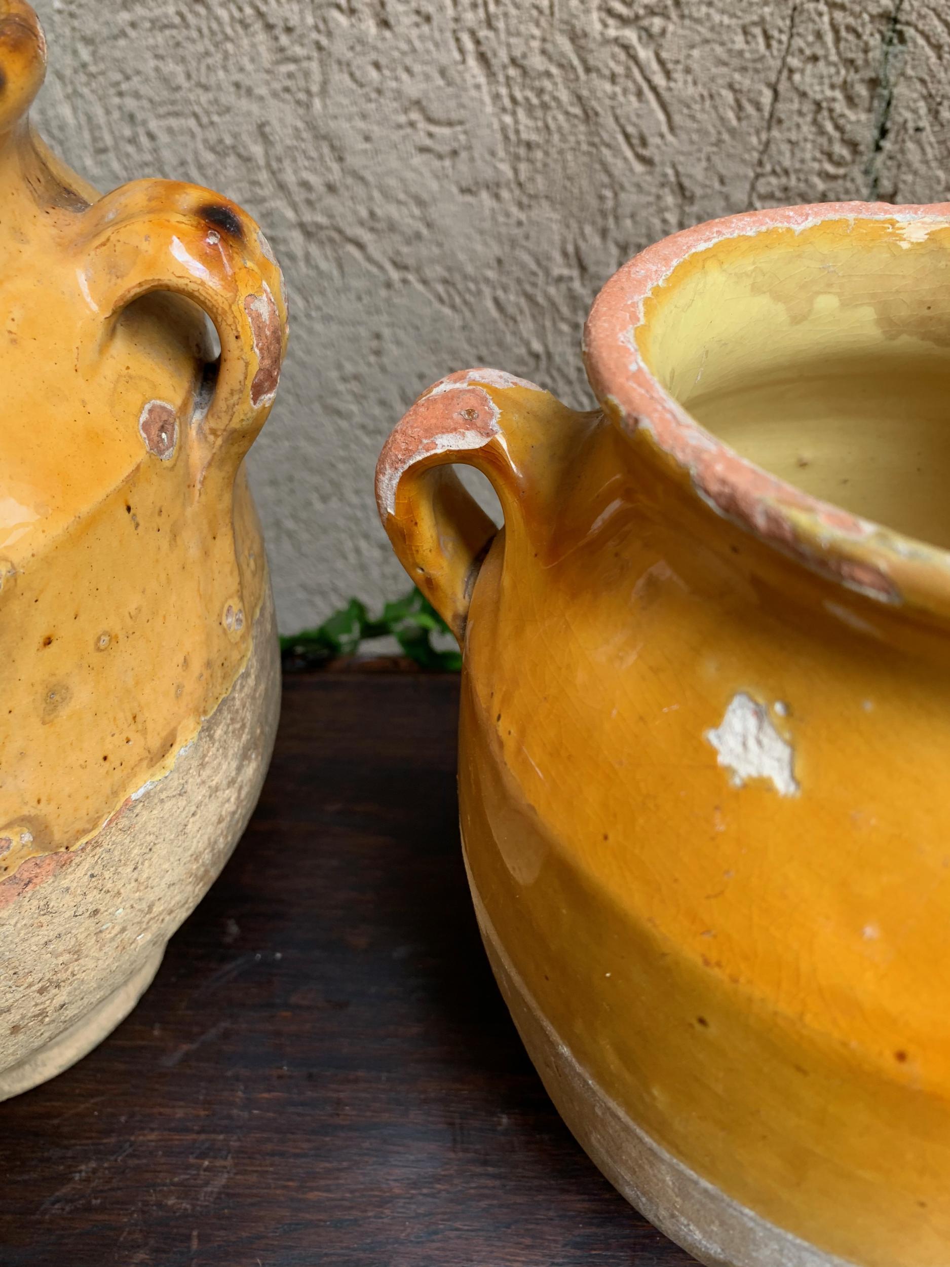 19th Century Pair Set 2 French Confit Pot Yellow Glazed Pottery Provincial 12