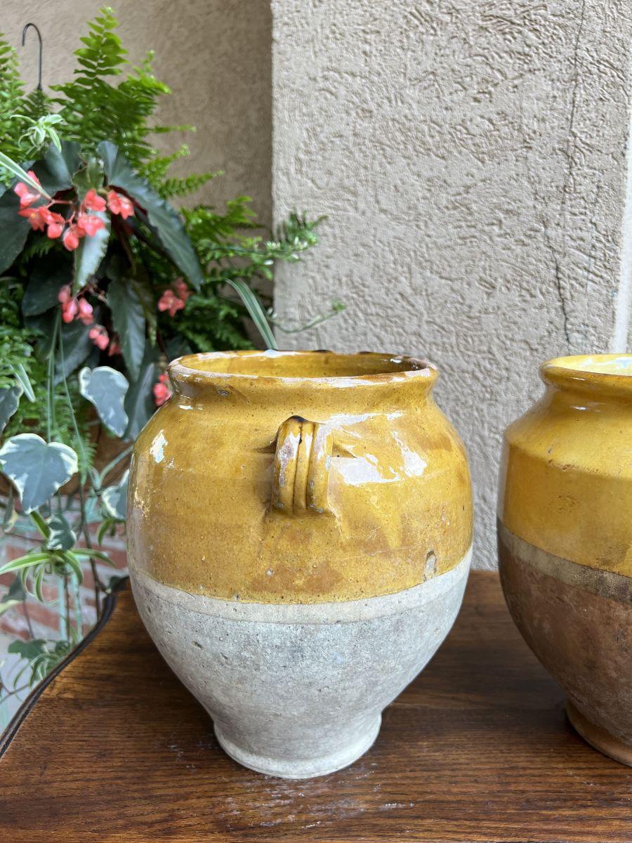 Antique Pair Set 2 French Confit Pot Yellow Glazed Pottery Provincial Farm Urn For Sale 13