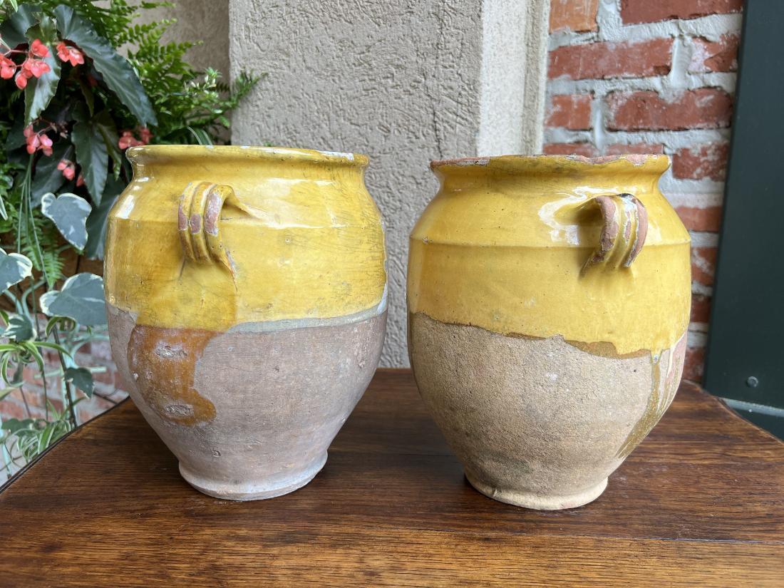 Antique Pair Set 2 French Confit Pot Yellow Glazed Pottery Provincial c1880 For Sale 13
