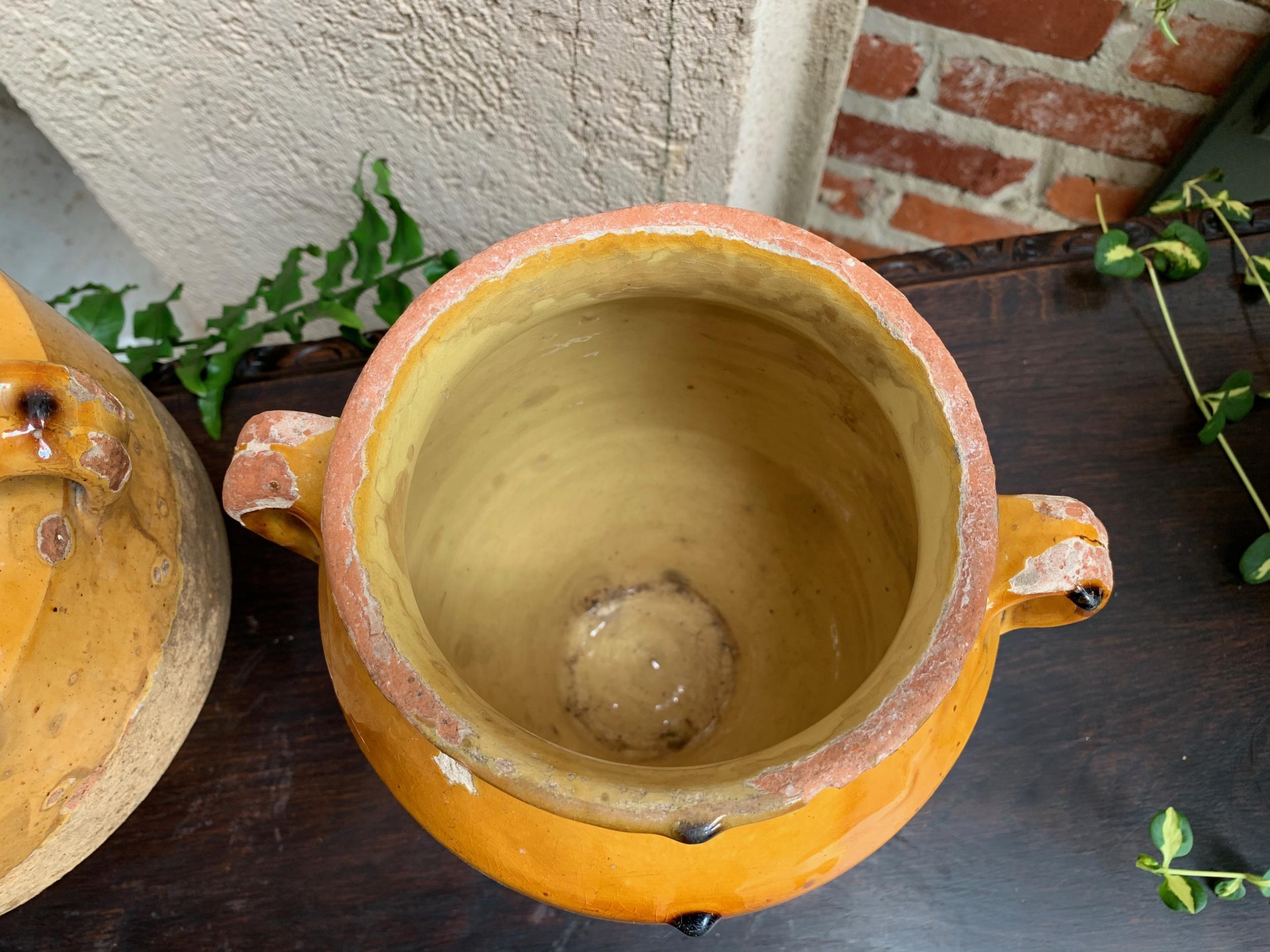 19th Century Pair Set 2 French Confit Pot Yellow Glazed Pottery Provincial 13