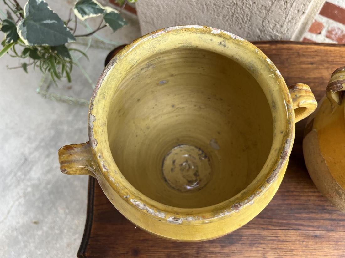 Antique Pair Set 2 French Confit Pot Yellow Glazed Pottery Provincial c1880 For Sale 14
