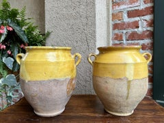 Antique Pair Set 2 French Confit Pot Yellow Glazed Pottery Provincial c1880
