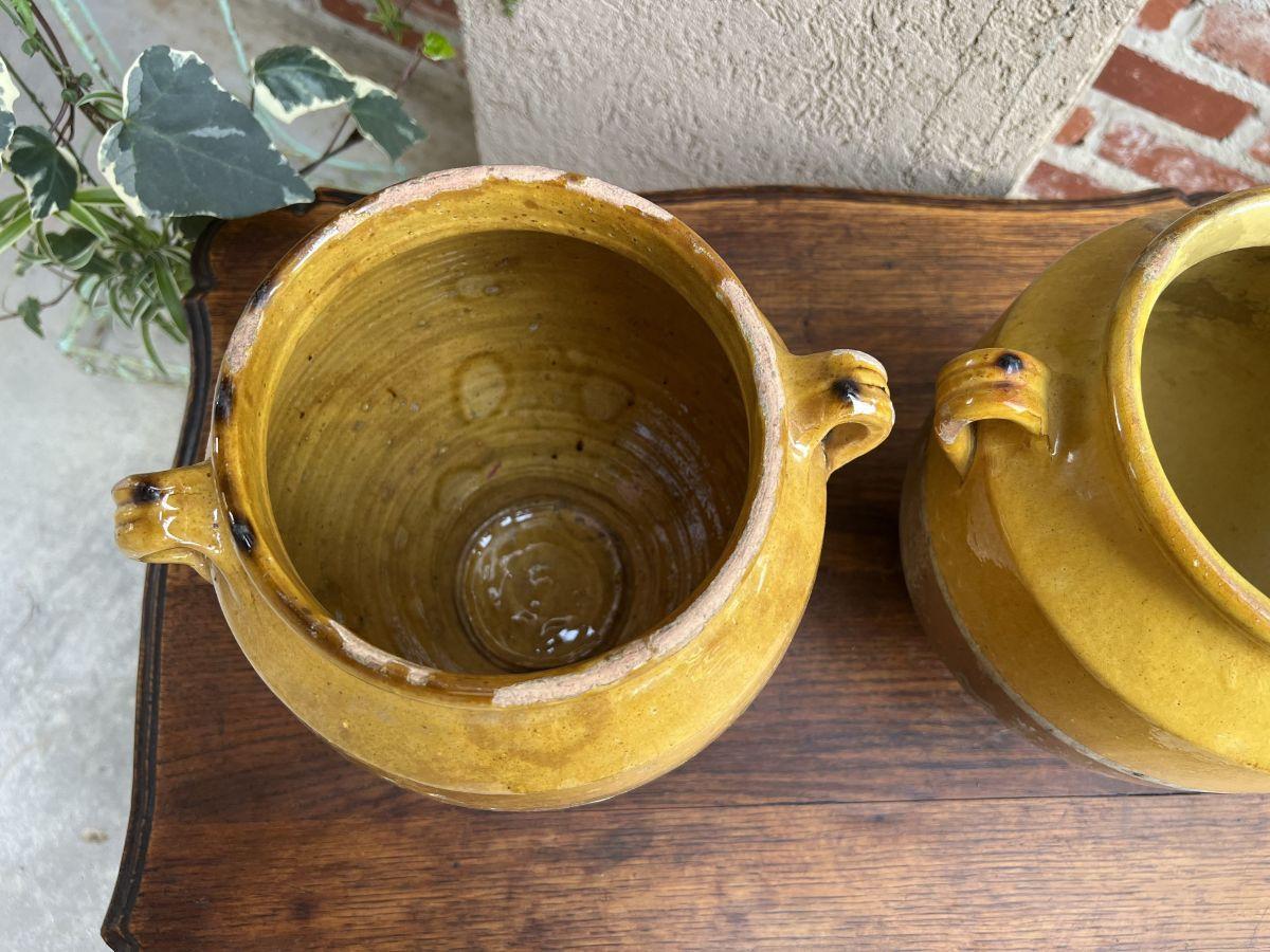 Antique Pair Set 2 French Confit Pot Yellow Glazed Pottery Provincial Farm Urn For Sale 15
