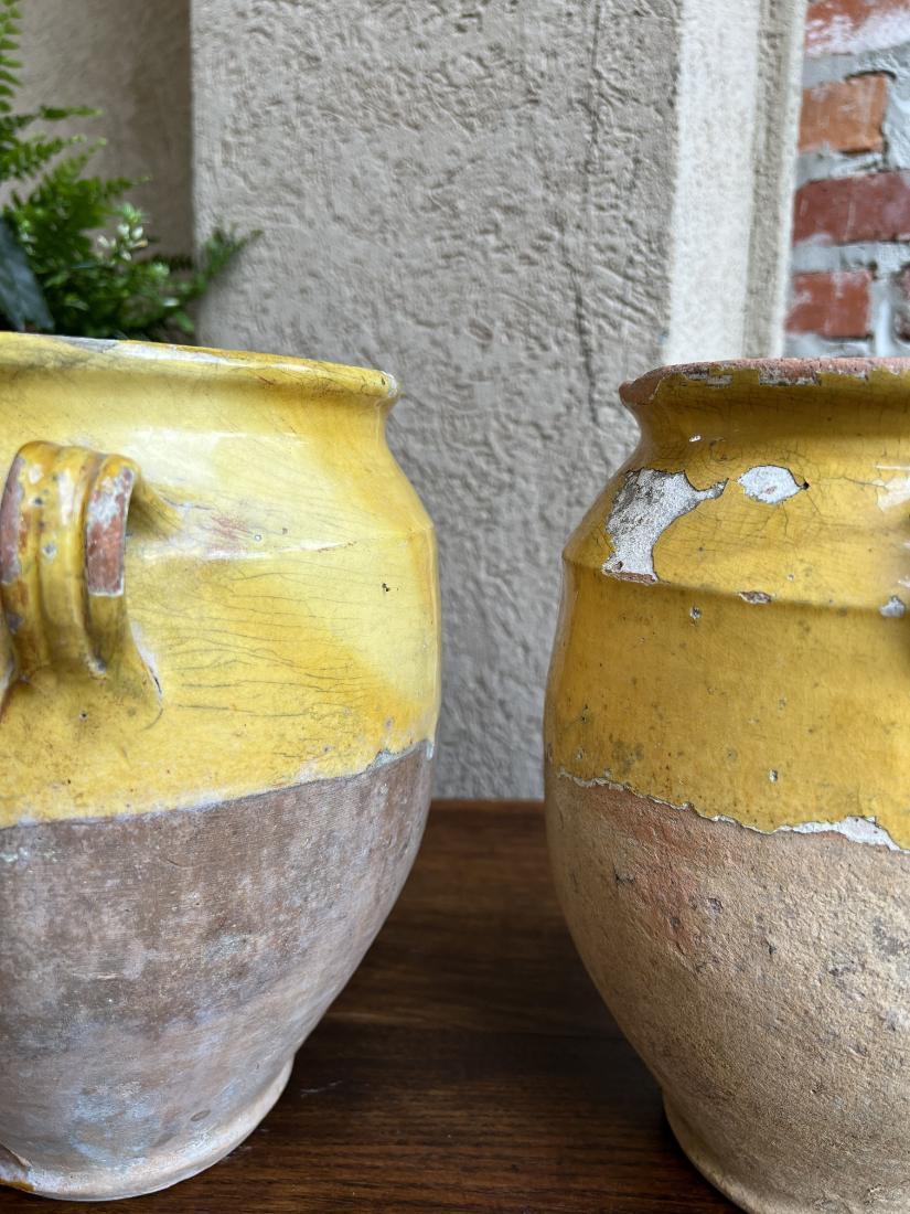 Antique Pair Set 2 French Confit Pot Yellow Glazed Pottery Provincial c1880 For Sale 15