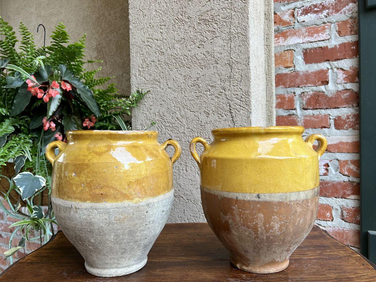 French Provincial 19th Century Pair Set 2 French Confit Pot Yellow Glazed Pottery Provincial For Sale