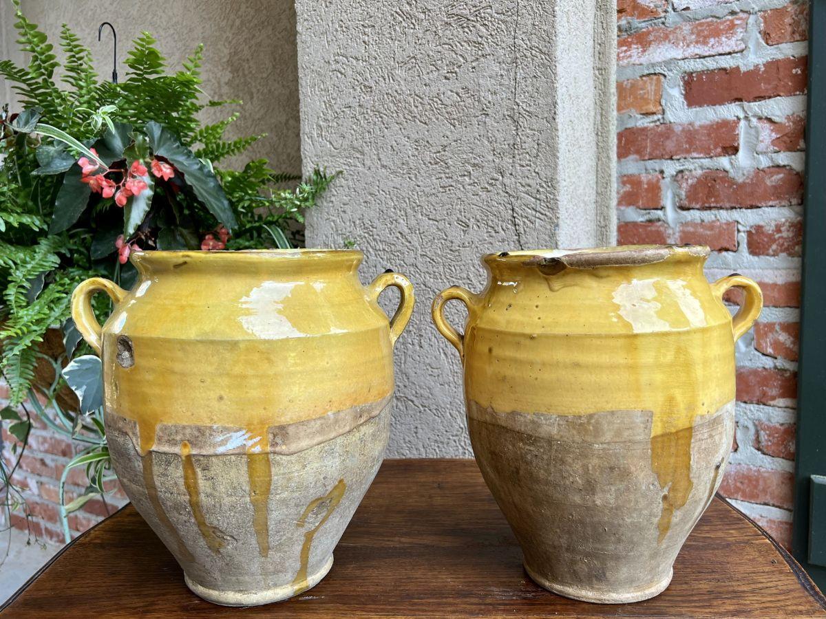 French Provincial 19th Century Pair Set 2 French Confit Pot Yellow Glazed Pottery Provincial