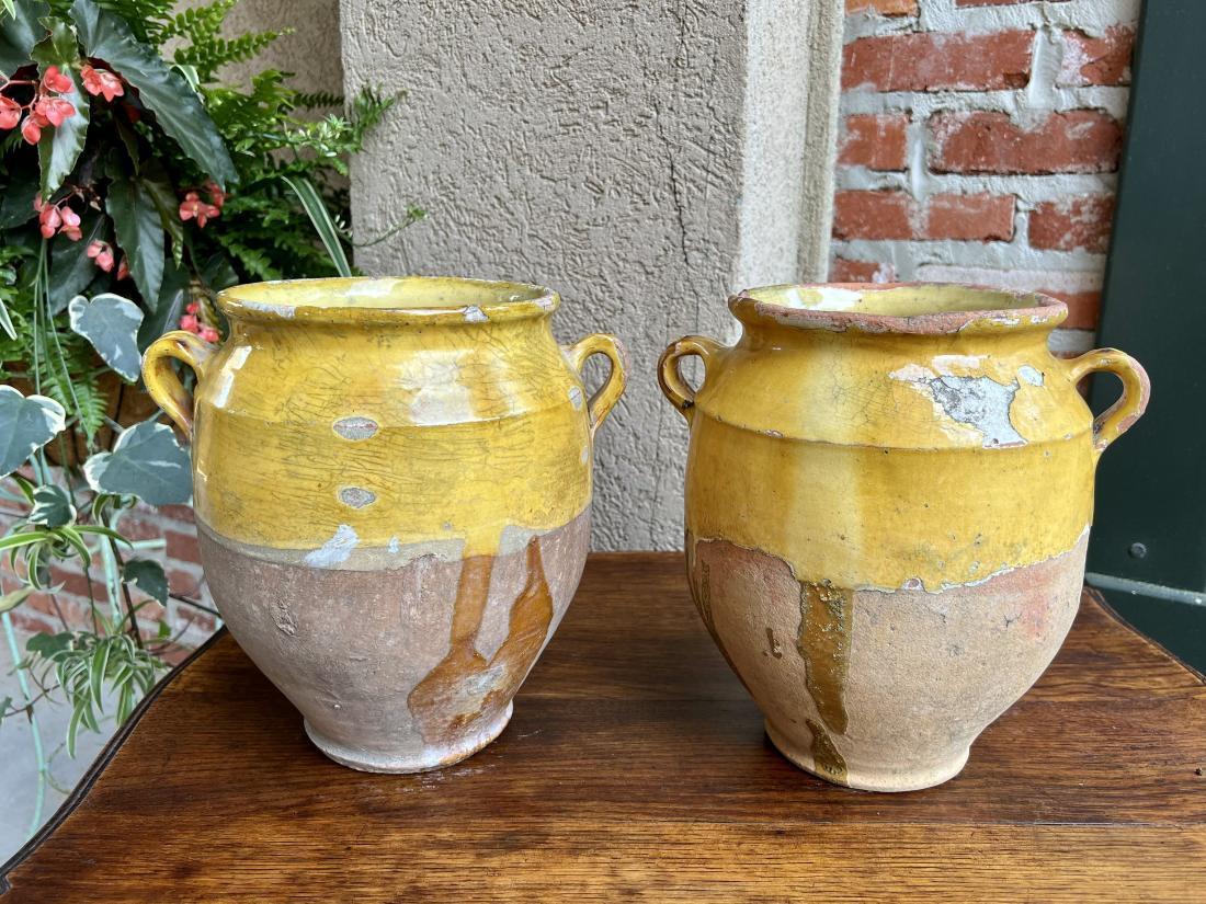 French Provincial Antique Pair Set 2 French Confit Pot Yellow Glazed Pottery Provincial c1880 For Sale
