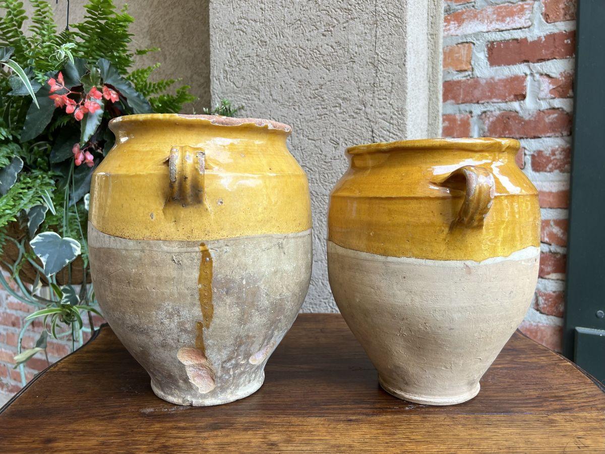 Antique Pair Set 2 French Confit Pot Yellow Glazed Pottery Provincial c1880 In Good Condition For Sale In Shreveport, LA