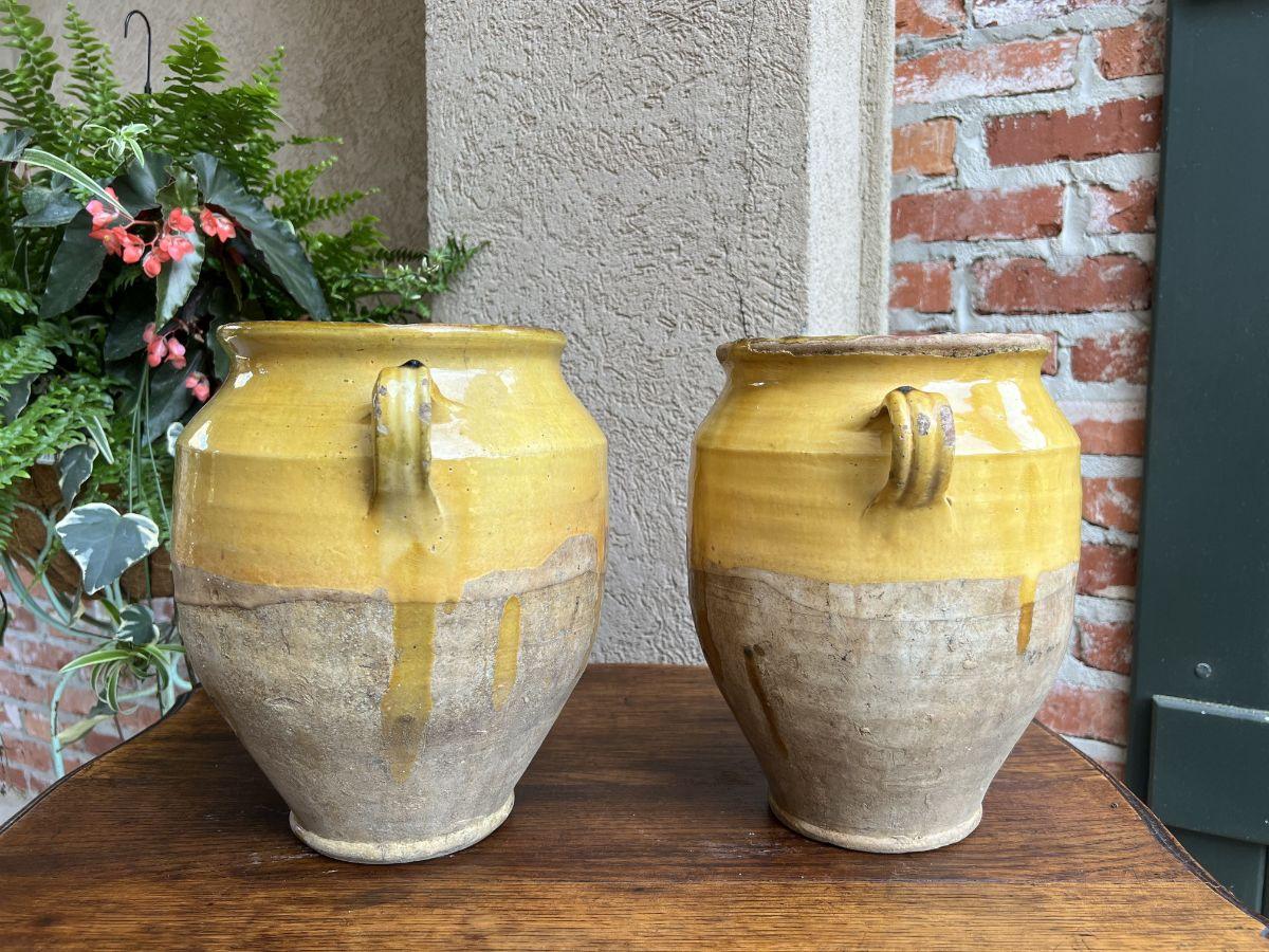 19th Century Pair Set 2 French Confit Pot Yellow Glazed Pottery Provincial 1